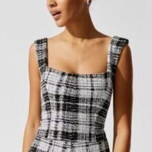 ONA by Yoon Chung Black White Carbon Plaid Square Neck Sleeveless Top Small